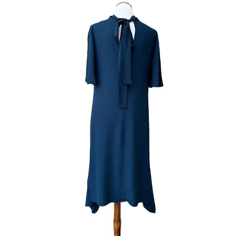 Lewit Women Green Scarab Mock Neck Back Tie Elbow Sleeve Rippling Dress Size 10 - Picture 12 of 16